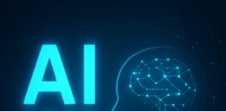 Glödande text AI 2025 med siluett av mänskligt huvud och neurala nätverk – symbol för framtidens artificiella intelligens.
