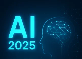 Glödande text AI 2025 med siluett av mänskligt huvud och neurala nätverk – symbol för framtidens artificiella intelligens.