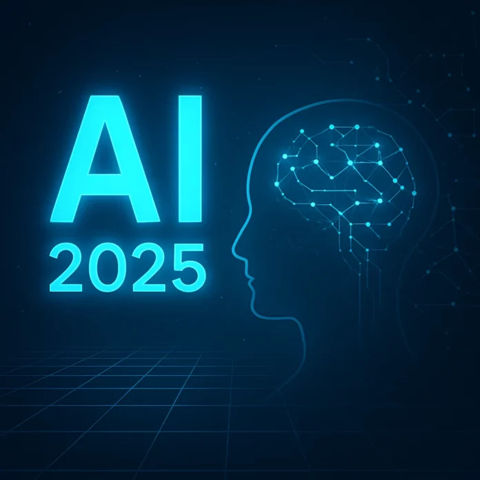 Glödande text AI 2025 med siluett av mänskligt huvud och neurala nätverk – symbol för framtidens artificiella intelligens.