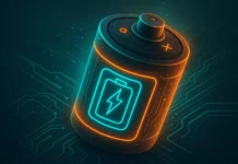 Futuristisk illustration av en superkondensator med turkosa detaljer och glödande laddningsikoner, placerad mot ett digitalt kretskortsmönster.