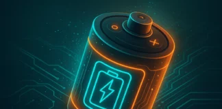 Futuristisk illustration av en superkondensator med turkosa detaljer och glödande laddningsikoner, placerad mot ett digitalt kretskortsmönster.