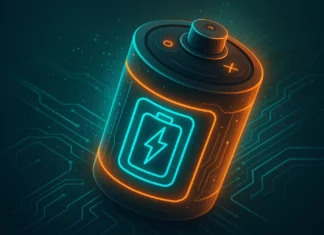 Futuristisk illustration av en superkondensator med turkosa detaljer och glödande laddningsikoner, placerad mot ett digitalt kretskortsmönster.