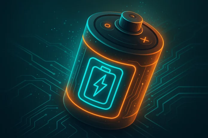 Futuristisk illustration av en superkondensator med turkosa detaljer och glödande laddningsikoner, placerad mot ett digitalt kretskortsmönster.