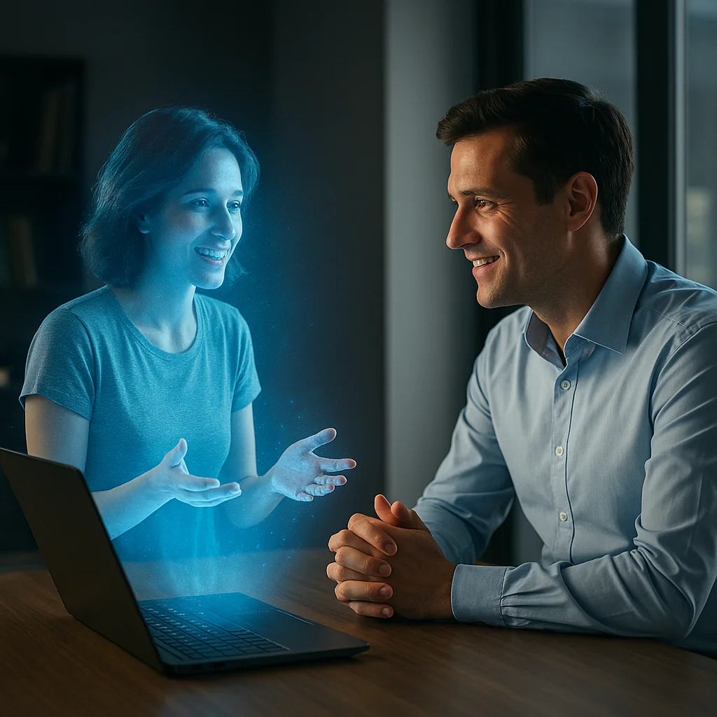 Två personer interagerar via hologram i realtid – framtida 6G-kommunikation.