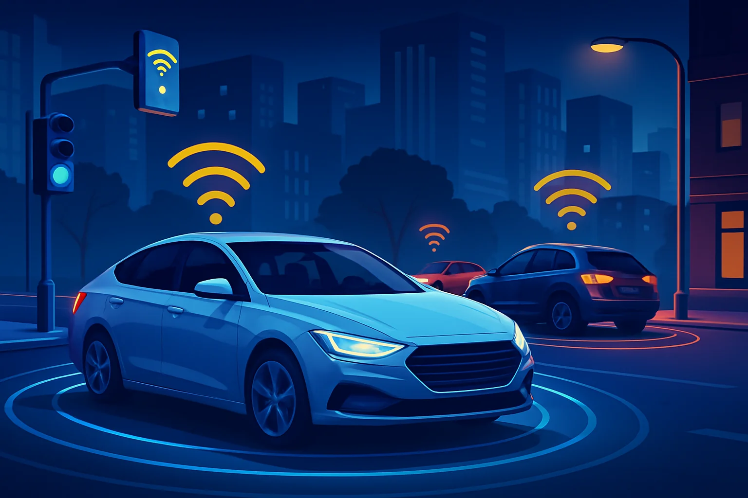 Illustration av självkörande bil som kommunicerar med trafikljus i uppkopplad stadsmiljö – 6G-tillämpning för autonoma fordon.