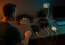 USB-C blir standard på alla laddare, bilden visualiserar en person som sitter med olika laddare framför en laptop.