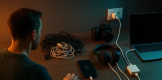 USB-C blir standard på alla laddare, bilden visualiserar en person som sitter med olika laddare framför en laptop.