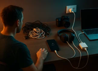 USB-C blir standard på alla laddare, bilden visualiserar en person som sitter med olika laddare framför en laptop.