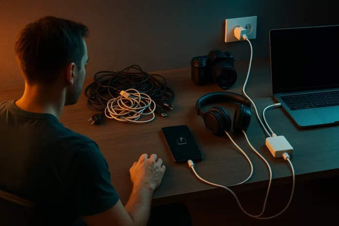 USB-C blir standard på alla laddare, bilden visualiserar en person som sitter med olika laddare framför en laptop.