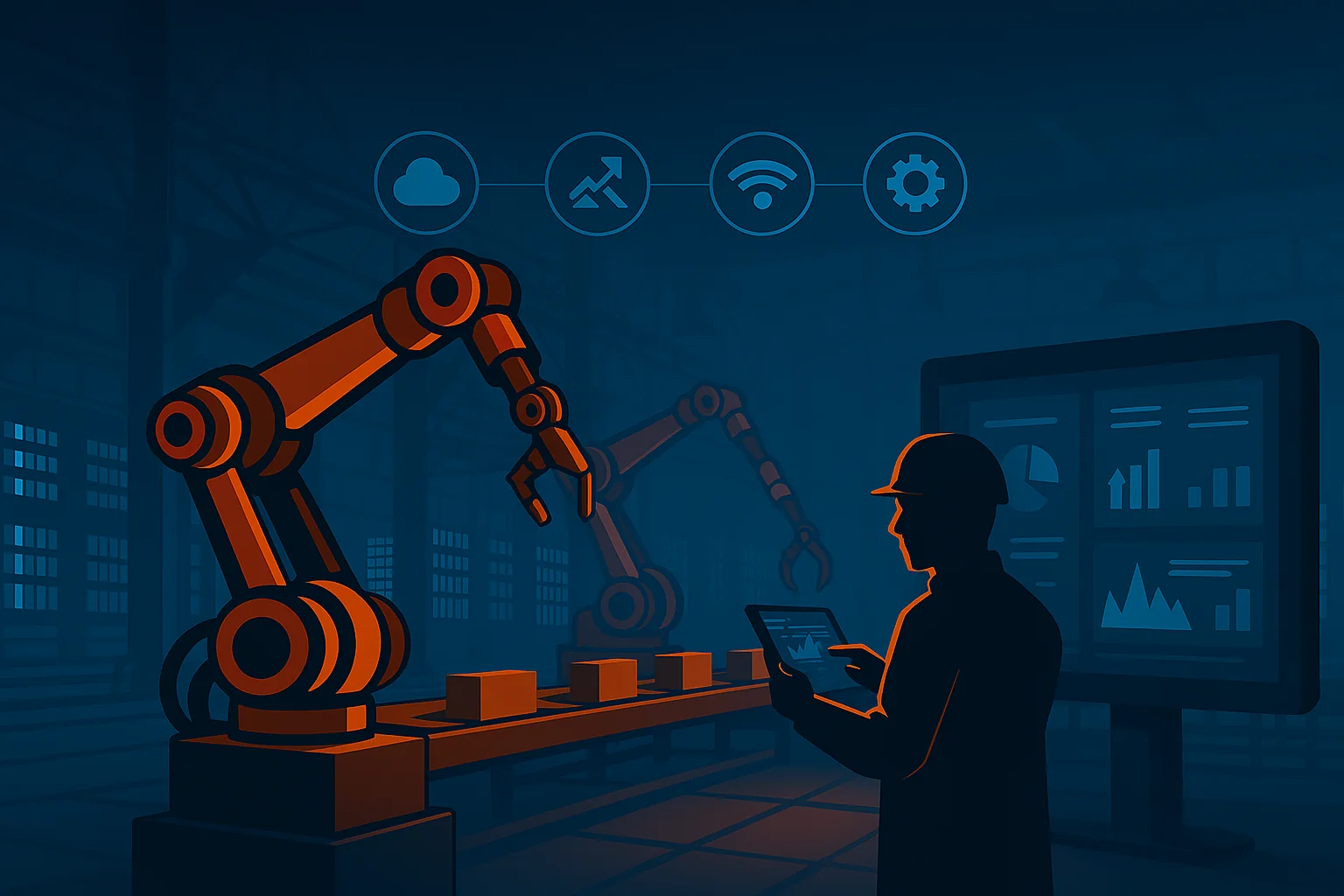 Illustration av uppkopplad fabrik med industrirobotar och AI-övervakning – exempel på Industri 4.0 med 6G-nätverk.
