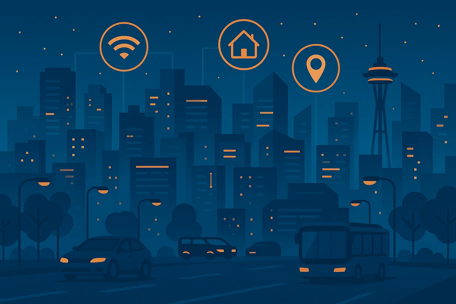 Illustration av uppkopplad stad med ikoner för trådlös kommunikation, sensorer och infrastruktur – 6G-teknik i smarta städer.