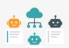 Tre AI-agenter visualiserade som robotikoner kopplade till ett gemensamt protokollmoln – illustrerar hur LangChain, Semantic Kernel och MCP samverkar i moderna AI-arkitekturer.
