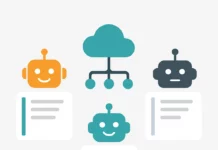 Tre AI-agenter visualiserade som robotikoner kopplade till ett gemensamt protokollmoln – illustrerar hur LangChain, Semantic Kernel och MCP samverkar i moderna AI-arkitekturer.
