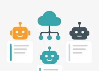 Tre AI-agenter visualiserade som robotikoner kopplade till ett gemensamt protokollmoln – illustrerar hur LangChain, Semantic Kernel och MCP samverkar i moderna AI-arkitekturer.