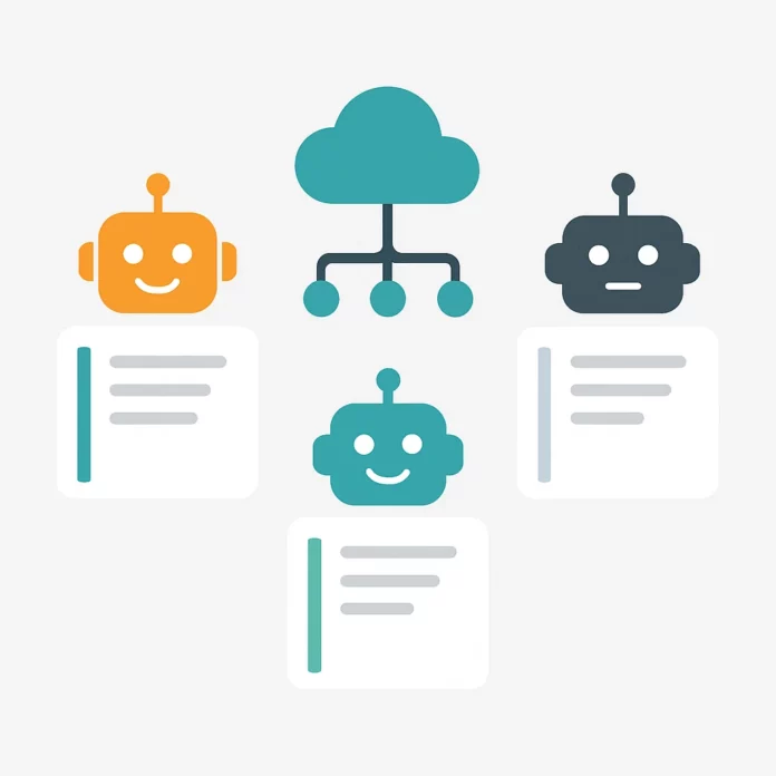 Tre AI-agenter visualiserade som robotikoner kopplade till ett gemensamt protokollmoln – illustrerar hur LangChain, Semantic Kernel och MCP samverkar i moderna AI-arkitekturer.
