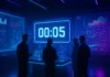Ett futuristiskt teknologilabb upplyst i blått och violett ljus, med fyra ingenjörer runt ett digitalt nedräkningssystem och holografiska skärmar som visar grafer, flödesscheman och energidata.