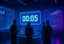 Ett futuristiskt teknologilabb upplyst i blått och violett ljus, med fyra ingenjörer runt ett digitalt nedräkningssystem och holografiska skärmar som visar grafer, flödesscheman och energidata.