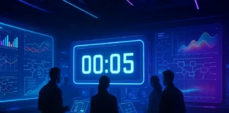 Ett futuristiskt teknologilabb upplyst i blått och violett ljus, med fyra ingenjörer runt ett digitalt nedräkningssystem och holografiska skärmar som visar grafer, flödesscheman och energidata.