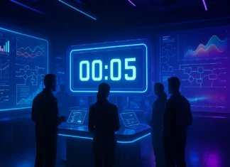 Ett futuristiskt teknologilabb upplyst i blått och violett ljus, med fyra ingenjörer runt ett digitalt nedräkningssystem och holografiska skärmar som visar grafer, flödesscheman och energidata.