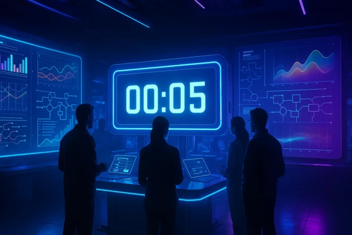 Ett futuristiskt teknologilabb upplyst i blått och violett ljus, med fyra ingenjörer runt ett digitalt nedräkningssystem och holografiska skärmar som visar grafer, flödesscheman och energidata.
