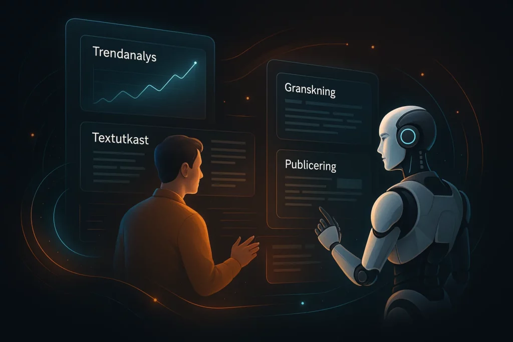 Futuristisk illustration av människa och AI som samarbetar i innehållsprocess – från trendanalys till publicering med digitala gränssnitt