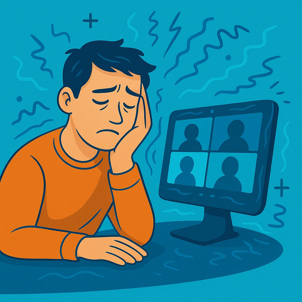 En person ser utmattad ut framför en skärm med videomöte – illustration som visualiserar Zoom fatigue och kognitiv trötthet vid upprepad videokommunikation