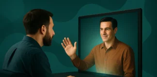 Två personer möts via va som skulle kunna vara Google Beam – en realistisk 3D-videolösning där en livslevande projektion visas på en skärm, vilket skapar ögonkontakt och fysisk närvarokänsla i det digitala mötet