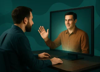 Två personer möts via va som skulle kunna vara Google Beam – en realistisk 3D-videolösning där en livslevande projektion visas på en skärm, vilket skapar ögonkontakt och fysisk närvarokänsla i det digitala mötet