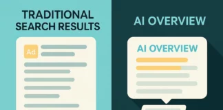 Skillnad mellan traditionellt sökresultat och Googles AI-genererade översikter – där AI-svaret visas högst upp, före organiska länkar och annonser