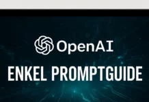 Visuell promptguide med texten “Enkel promptguide” och OpenAI-logotypen på en tech-inspirerad datorskärm i turkos miljö