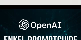 Visuell promptguide med texten “Enkel promptguide” och OpenAI-logotypen på en tech-inspirerad datorskärm i turkos miljö