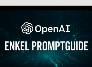 Visuell promptguide med texten “Enkel promptguide” och OpenAI-logotypen på en tech-inspirerad datorskärm i turkos miljö