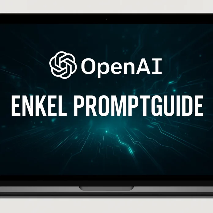 Visuell promptguide med texten “Enkel promptguide” och OpenAI-logotypen på en tech-inspirerad datorskärm i turkos miljö