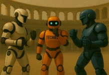 Techiesroboten med TECHIES-tryck på bröstet som domare i AI-duell – blå och vit robot i kamp i romersk arena
