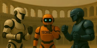 Techiesroboten med TECHIES-tryck på bröstet som domare i AI-duell – blå och vit robot i kamp i romersk arena