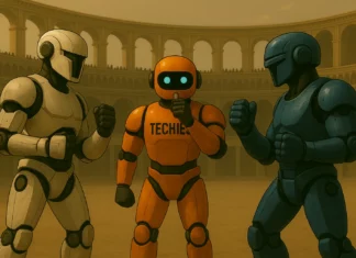 Techiesroboten med TECHIES-tryck på bröstet som domare i AI-duell – blå och vit robot i kamp i romersk arena