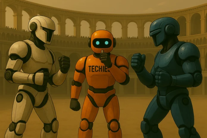 Techiesroboten med TECHIES-tryck på bröstet som domare i AI-duell – blå och vit robot i kamp i romersk arena