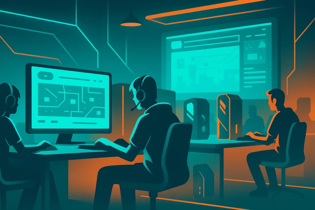 Illustration av modern gamingmiljö med neonljus, spelare vid skrivbord och futuristisk teknik i turkos och orange färgpalett.