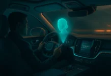 Framtidens bilinteriör med röststyrd AI-assistent i Volvo – holografisk Gemini-projektion och ambient belysning