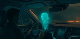 Framtidens bilinteriör med röststyrd AI-assistent i Volvo – holografisk Gemini-projektion och ambient belysning