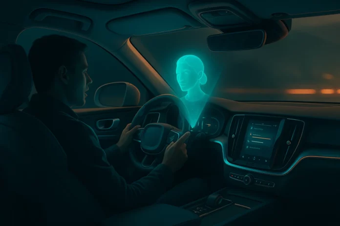 Framtidens bilinteriör med röststyrd AI-assistent i Volvo – holografisk Gemini-projektion och ambient belysning
