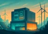 Illustration av nordiskt AI-datacenter i Kista med förnybar energi, NVIDIA GB200 och H200, byggt för svensk datasuveränitet