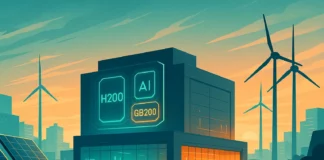 Illustration av nordiskt AI-datacenter i Kista med förnybar energi, NVIDIA GB200 och H200, byggt för svensk datasuveränitet