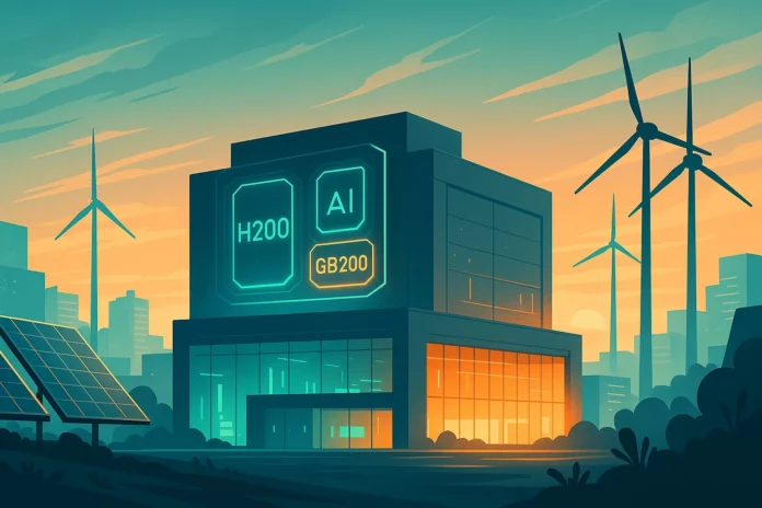 Illustration av nordiskt AI-datacenter i Kista med förnybar energi, NVIDIA GB200 och H200, byggt för svensk datasuveränitet