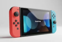 Nintendo Switch 2 illustration, handhållen konsol, med Game Chat
