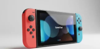 Nintendo Switch 2 illustration, handhållen konsol, med Game Chat