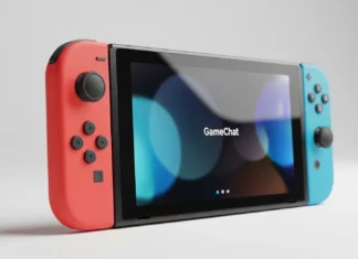 Nintendo Switch 2 illustration, handhållen konsol, med Game Chat