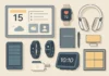 Flat lay med åtta smarta vardagsprylar på ljus bakgrund: en smart display som visar kalender och väder, en smartklocka med pulsmätning, brusreducerande hörlurar, en solcells­powerbank, ett aktivitetsarmband, en modulär takpanel, en återanvändbar Rocketbook-anteckningsbok med penna och en smart högtalare.