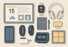 Flat lay med åtta smarta vardagsprylar på ljus bakgrund: en smart display som visar kalender och väder, en smartklocka med pulsmätning, brusreducerande hörlurar, en solcells­powerbank, ett aktivitetsarmband, en modulär takpanel, en återanvändbar Rocketbook-anteckningsbok med penna och en smart högtalare.