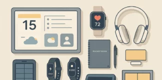 Flat lay med åtta smarta vardagsprylar på ljus bakgrund: en smart display som visar kalender och väder, en smartklocka med pulsmätning, brusreducerande hörlurar, en solcells­powerbank, ett aktivitetsarmband, en modulär takpanel, en återanvändbar Rocketbook-anteckningsbok med penna och en smart högtalare.